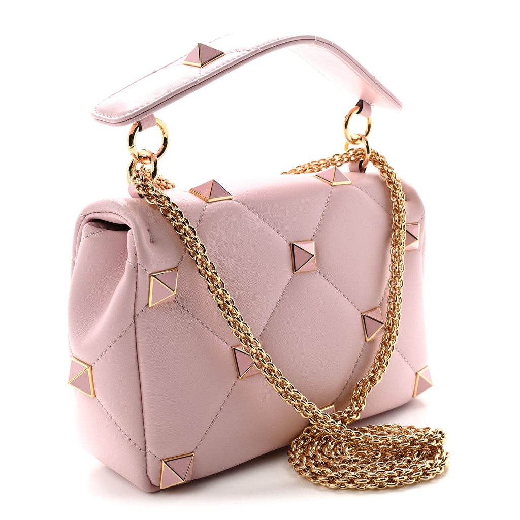 Nappa Enamel Medium Roman Stud Shoulder Bag Rose Quartz