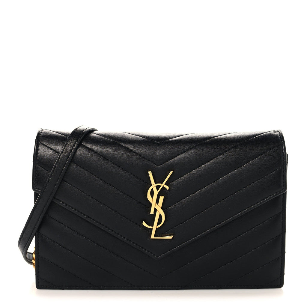 Calfskin Matelasse Chevron Monogram Envelope Chain Wallet Black