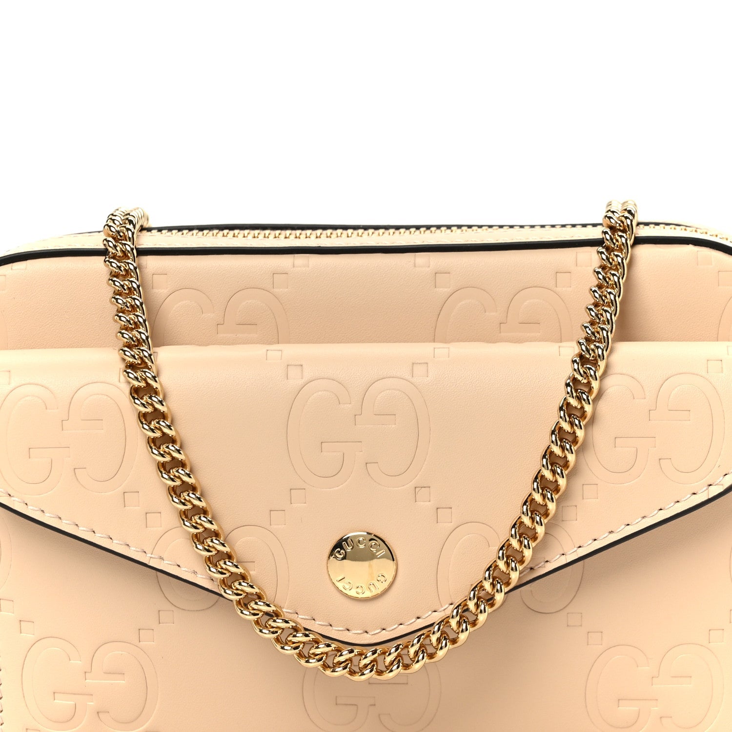 Calfskin GG Super Mini Debossed Chain Wallet Light Beige