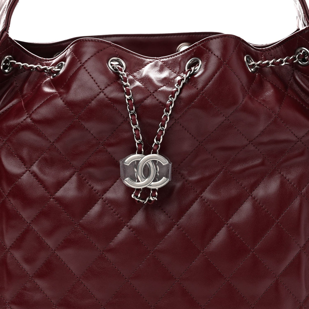 Shiny Crumpled Calfskin Quilted Medium Chanel 25 Handbag Dark Burgundy