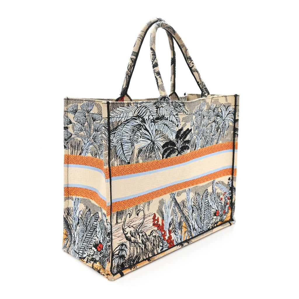 Canvas Embroidered Toile De Jouy Tropicalia Large Book Tote Denim Blue