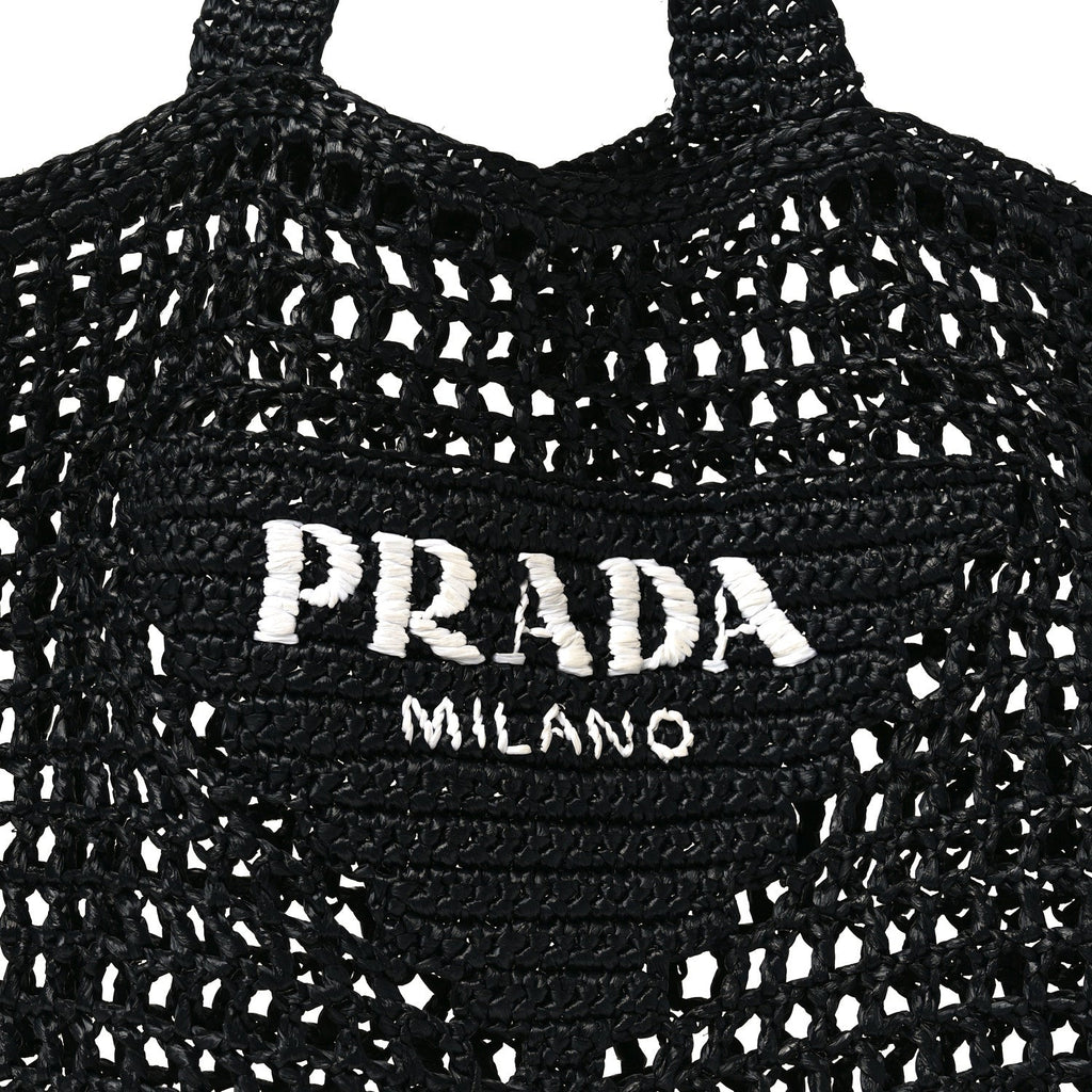 Yarn Raffia Effect Crochet Logo Embroidered Tote Bag Black