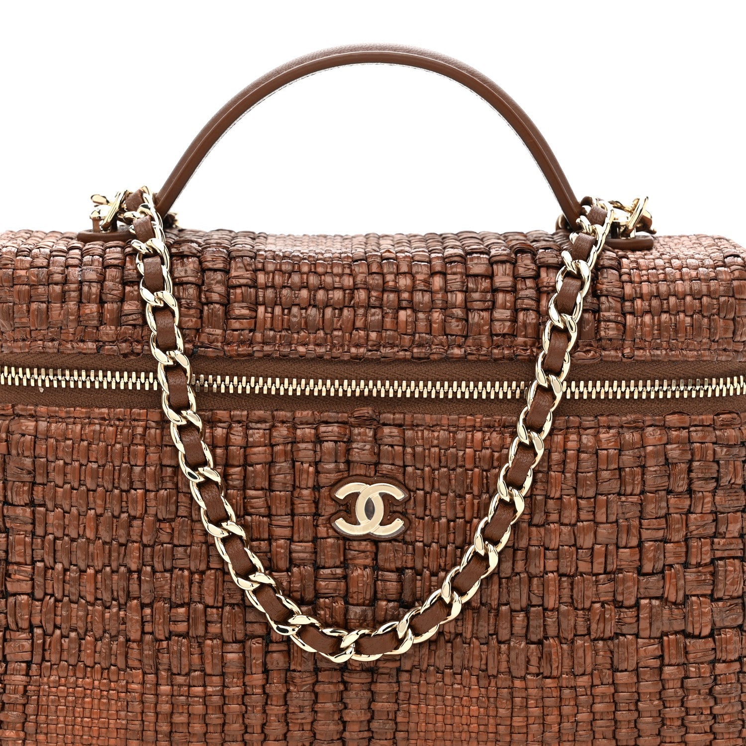 Braided Raffia Quilted Top Handle Slim Vanity With Chain Brown