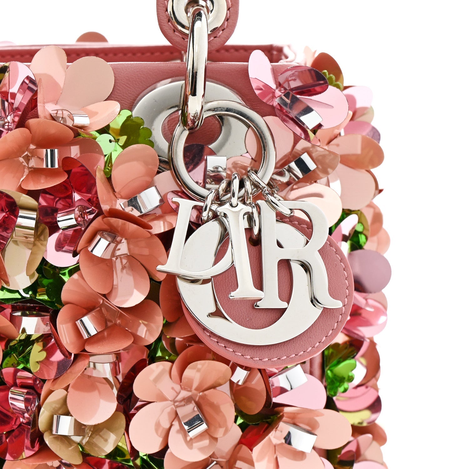 Calfskin Flower Charm Embellished Mini Lady Dior Pink