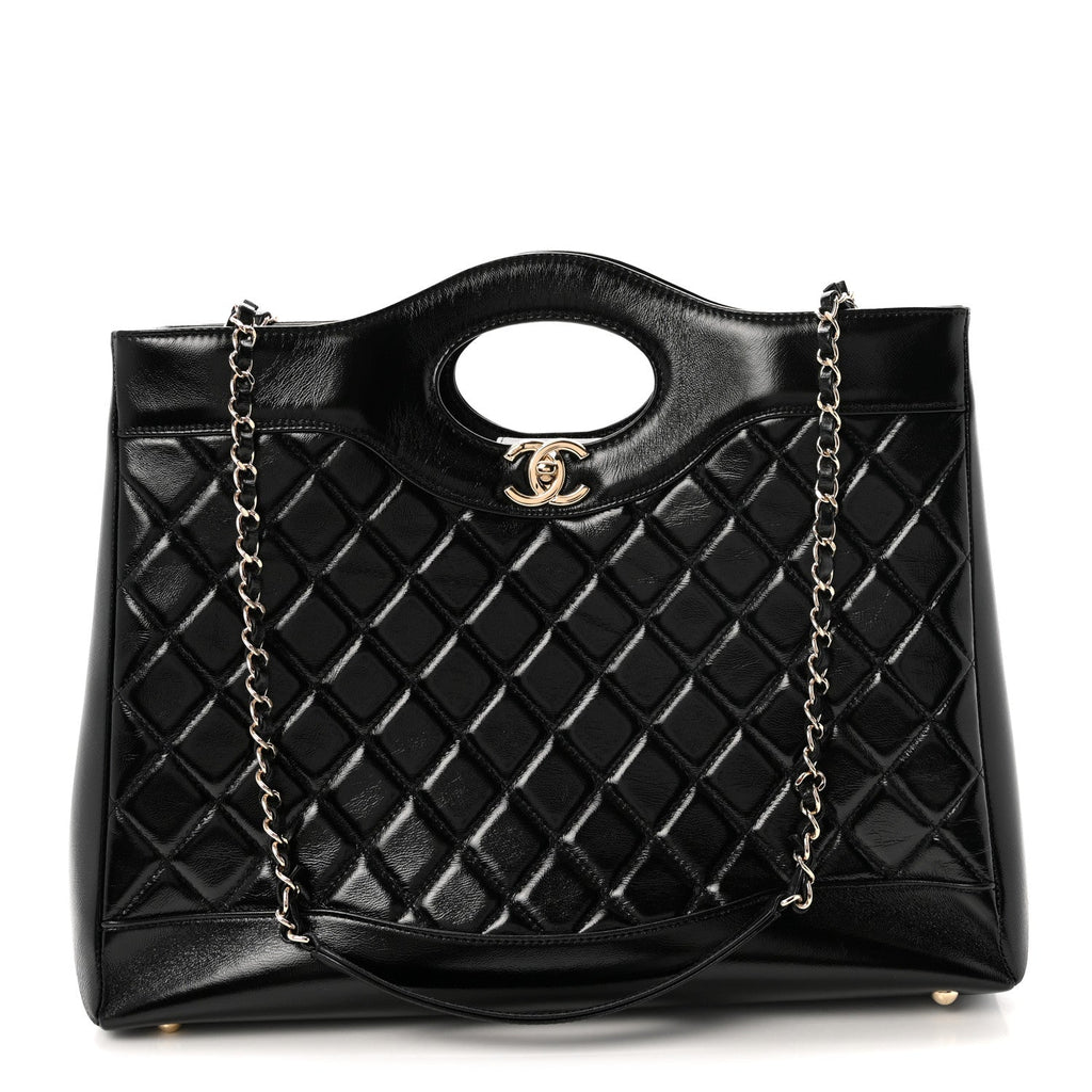 Shiny Lambskin Quilted Large 31 Shopping Bag Black