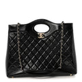 Shiny Lambskin Quilted Large 31 Shopping Bag Black