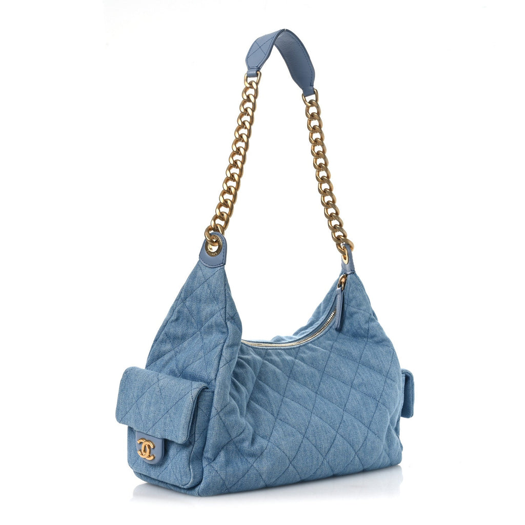 Washed Denim Quilted Large Trendy Pockets Hobo Blue