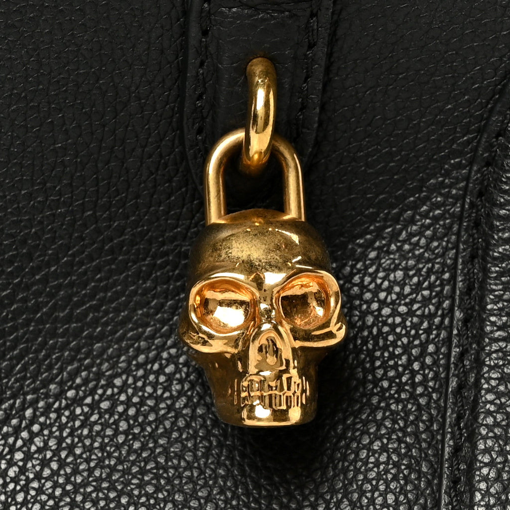Pebbled Calfskin Mini Skull Padlock Zip Around Tote Black