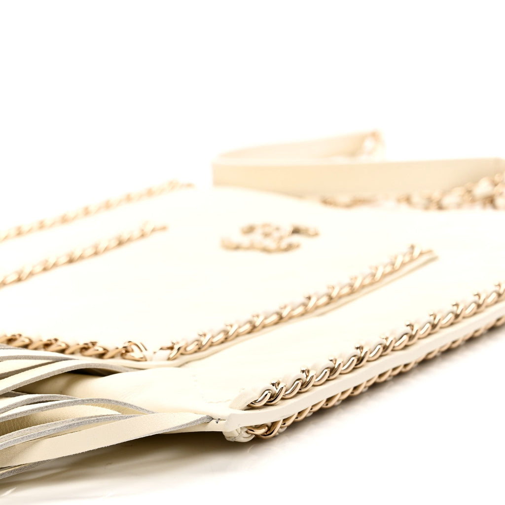 Calfskin Quilted Fringe Small Shopping Bag White