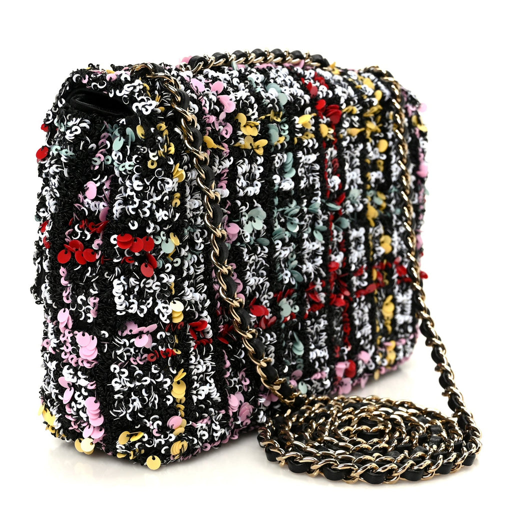 Tweed Sequin Small Single Flap Black Red Multicolor