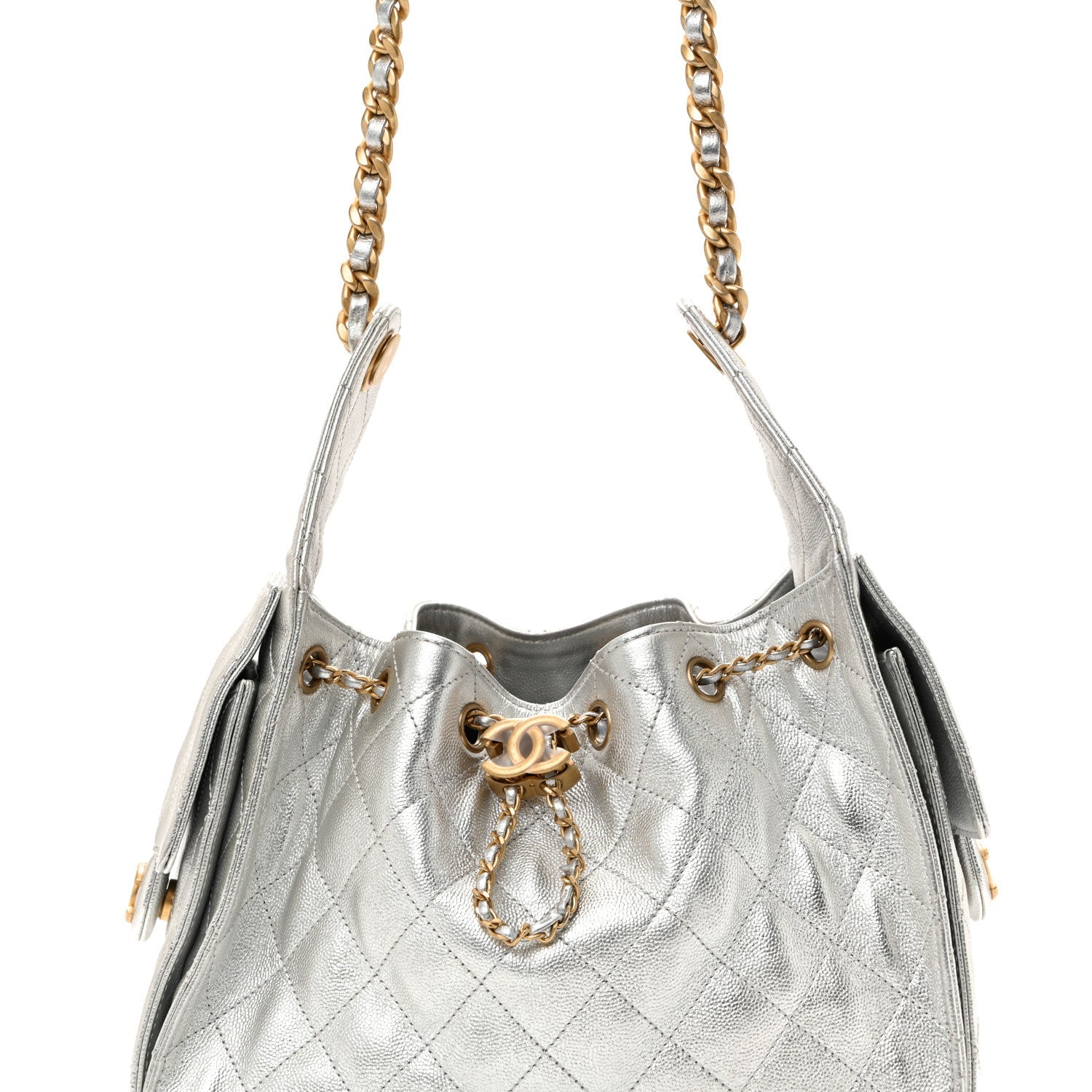 Metallic Caviar Quilted Small Chanel 25 Handbag Silver