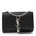 Calfskin Crocodile Embossed Small Classic Monogram Kate Tassel Satchel Black