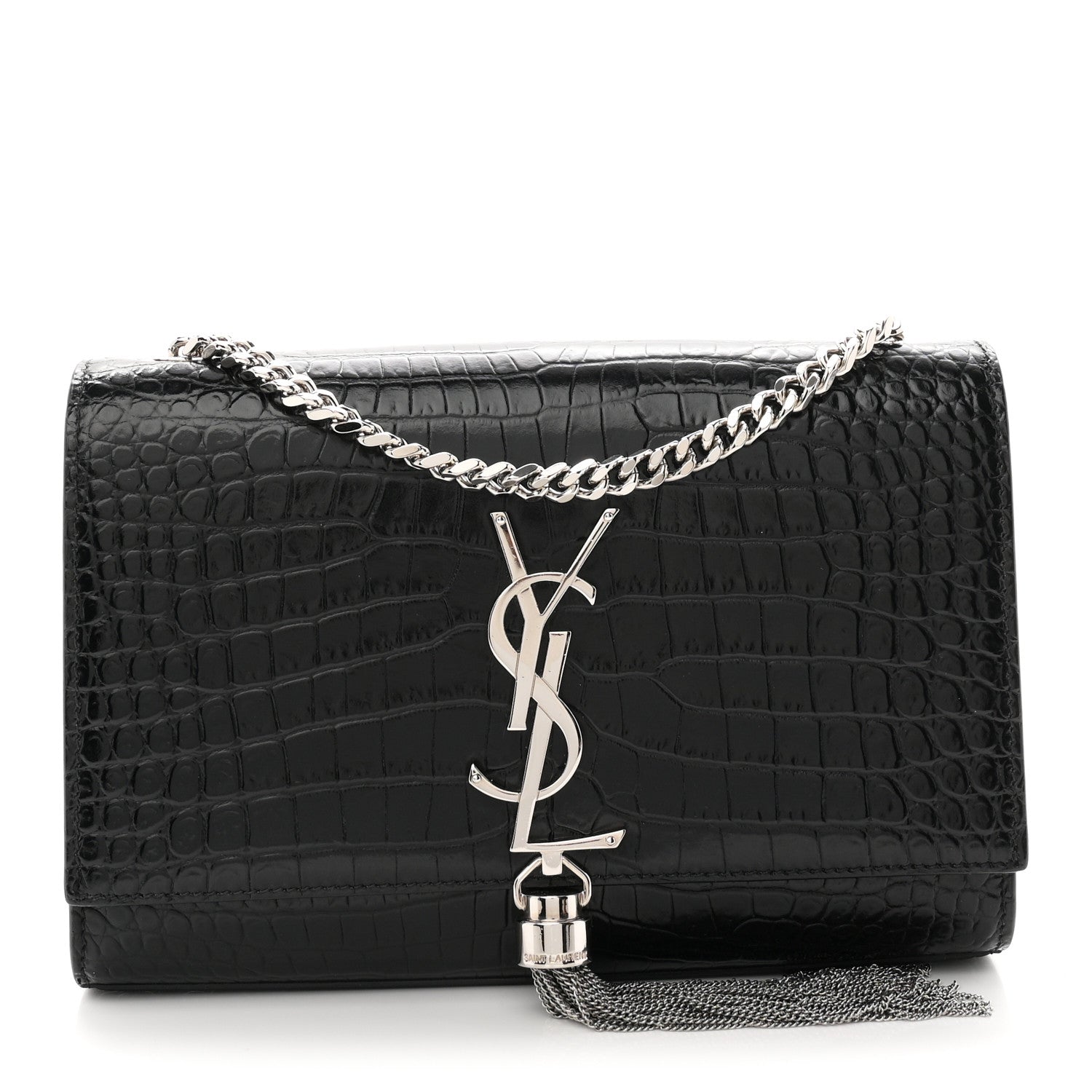 Calfskin Crocodile Embossed Small Classic Monogram Kate Tassel Satchel Black
