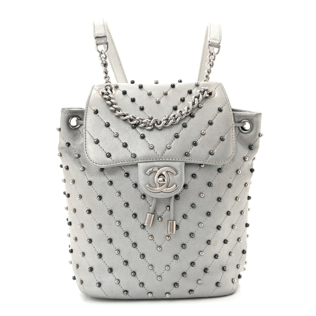 Metallic Lambskin Chevron Quilted Studded Stud Wars Backpack Silver
