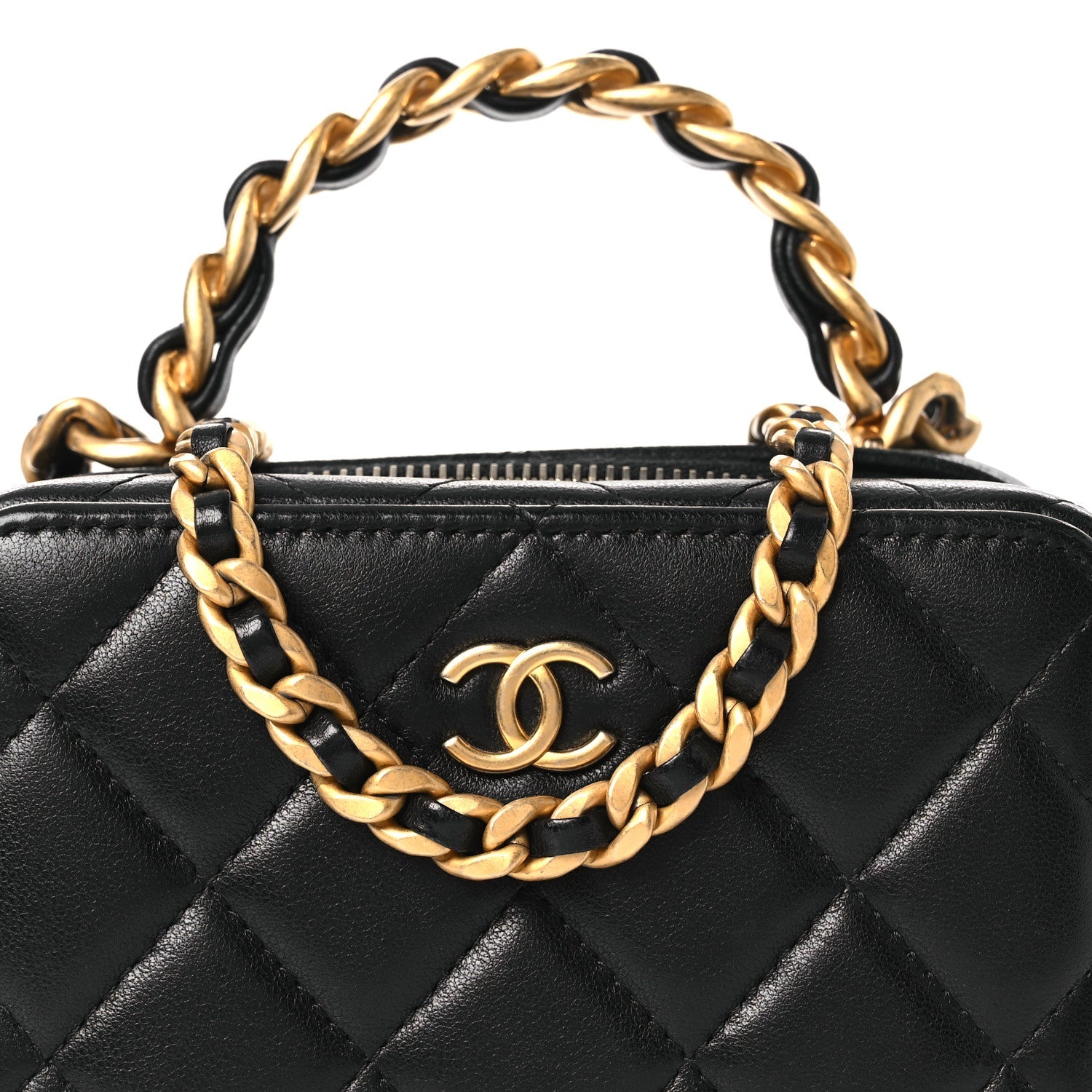 Lambskin Quilted Top Handle Mini Vanity Case Black