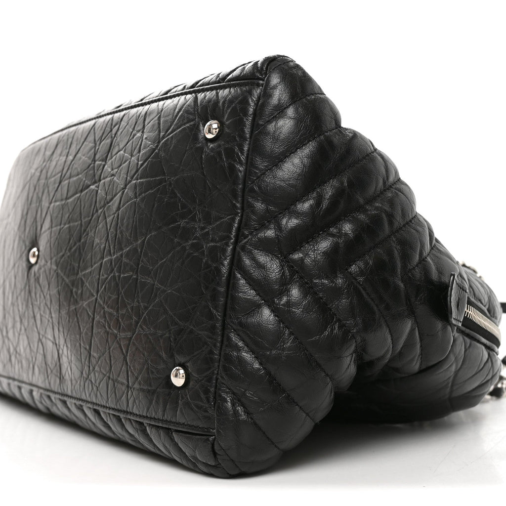 Aged Calfskin Chevron Large Soft Bowling Bag Black