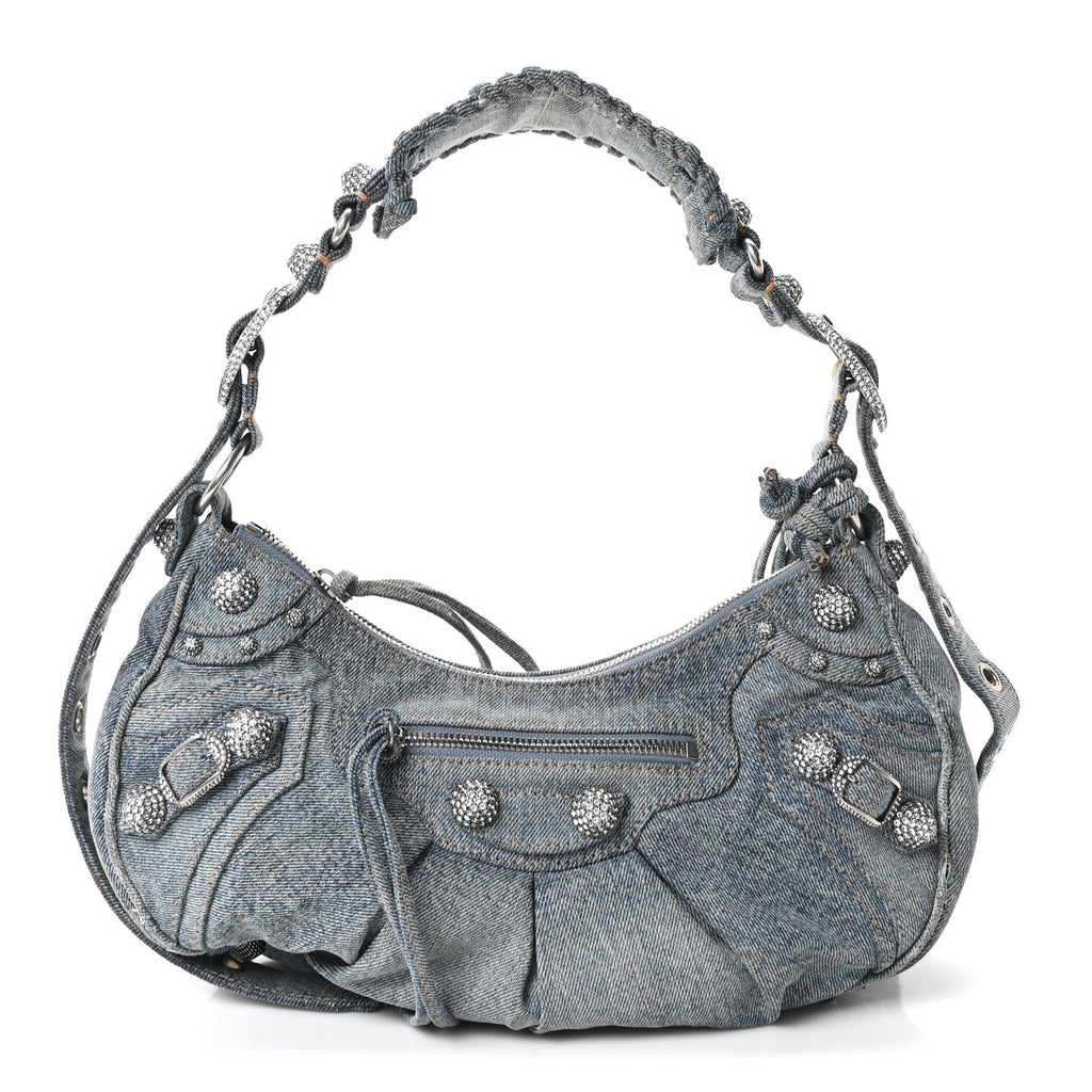 Washed Frayed Denim Crystal Small Le Cagole Shoulder Bag Blue