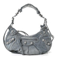 Washed Frayed Denim Crystal Small Le Cagole Shoulder Bag Blue