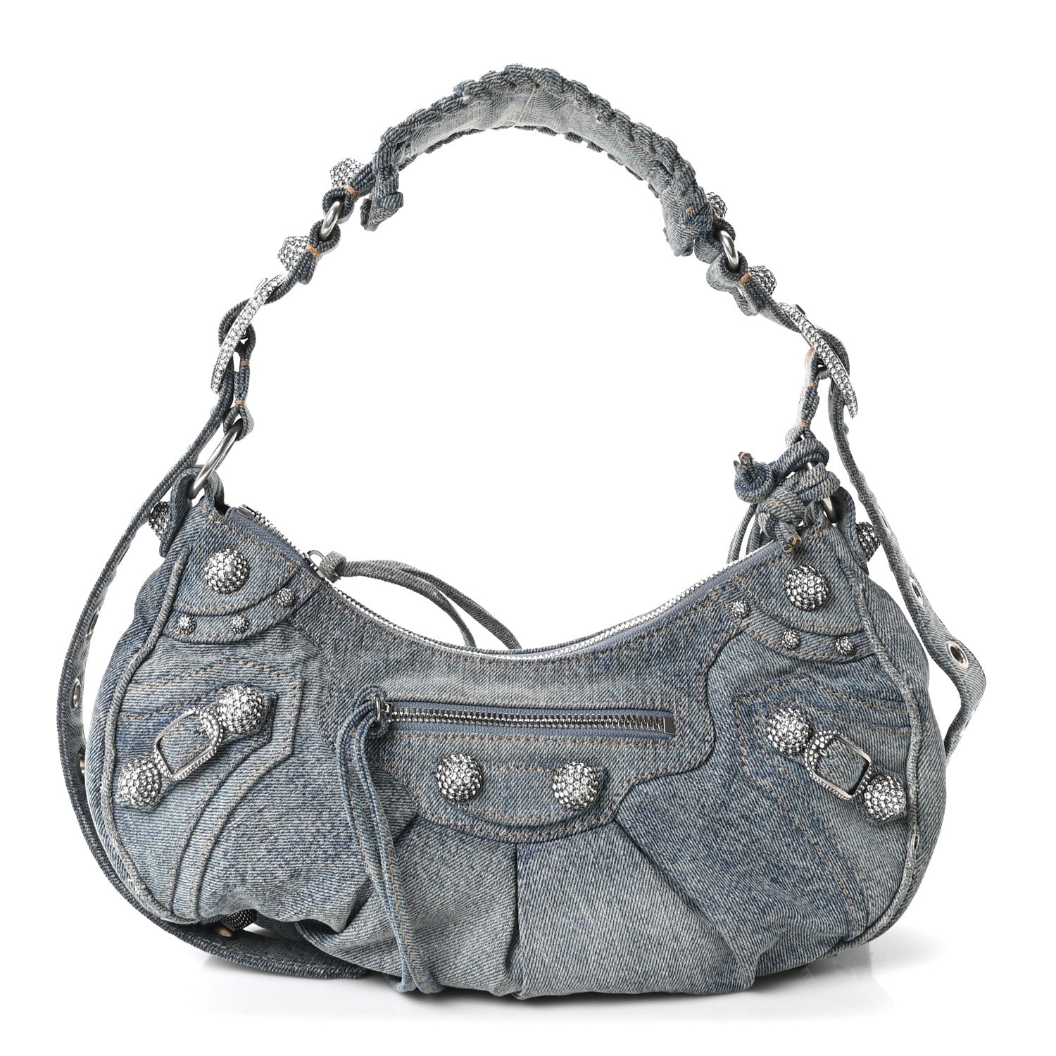 Washed Frayed Denim Crystal Small Le Cagole Shoulder Bag Blue