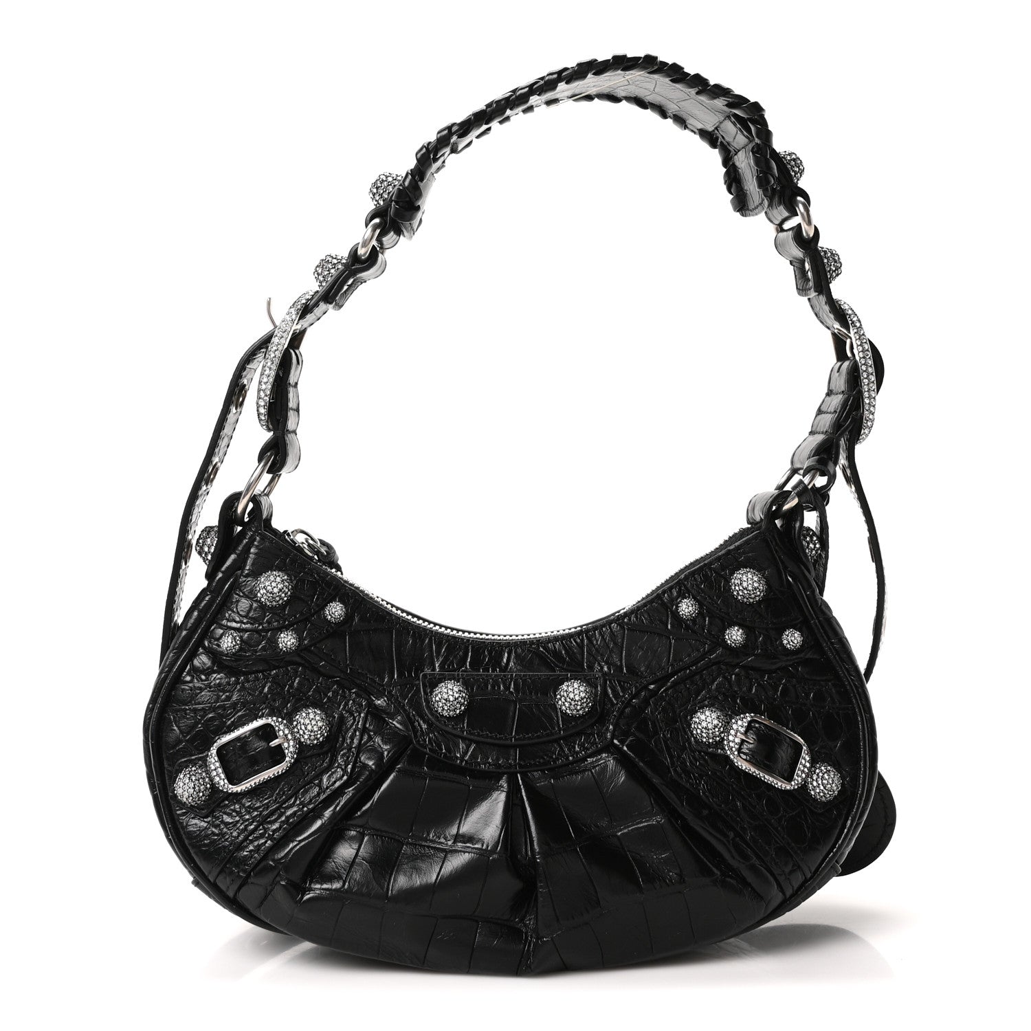 Extra Supple Calfskin Crystal Crocodile Embossed Le Cagole Shoulder Bag XS Black