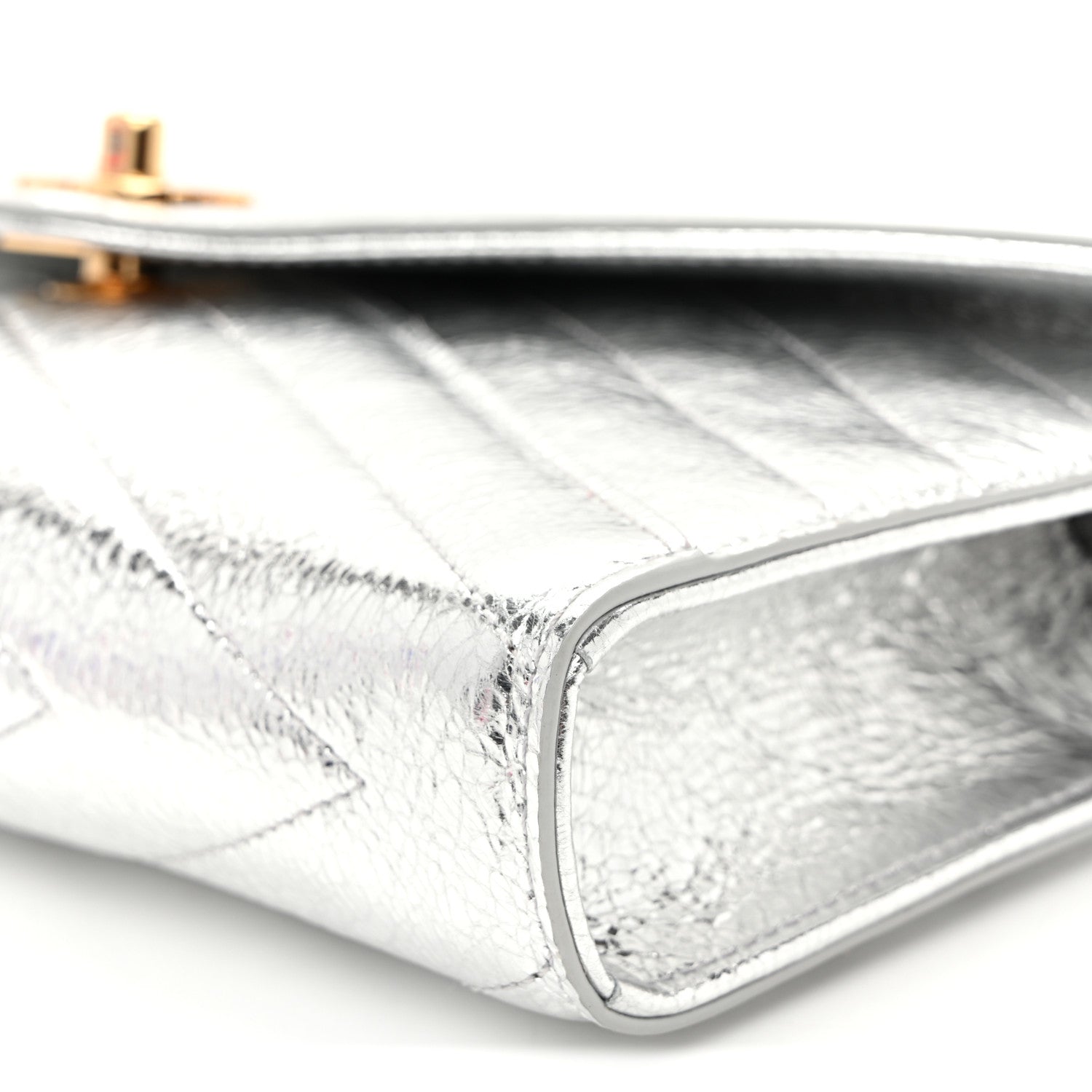 Metallic Aged Calfskin Chevron Quilted Top Handle Envelope Clutch Silver