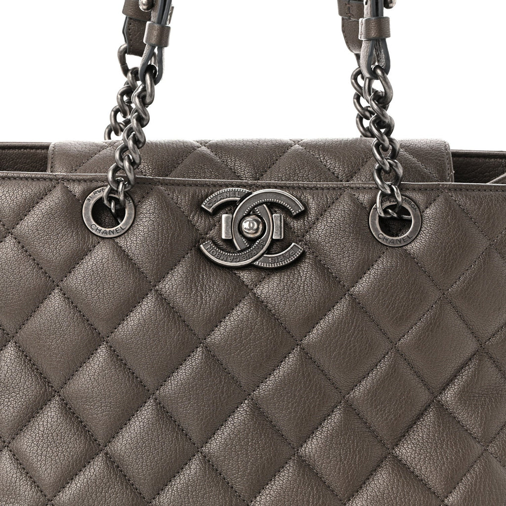 Metallic Goatskin Quilted Large City Rock Shopping Bag Silver