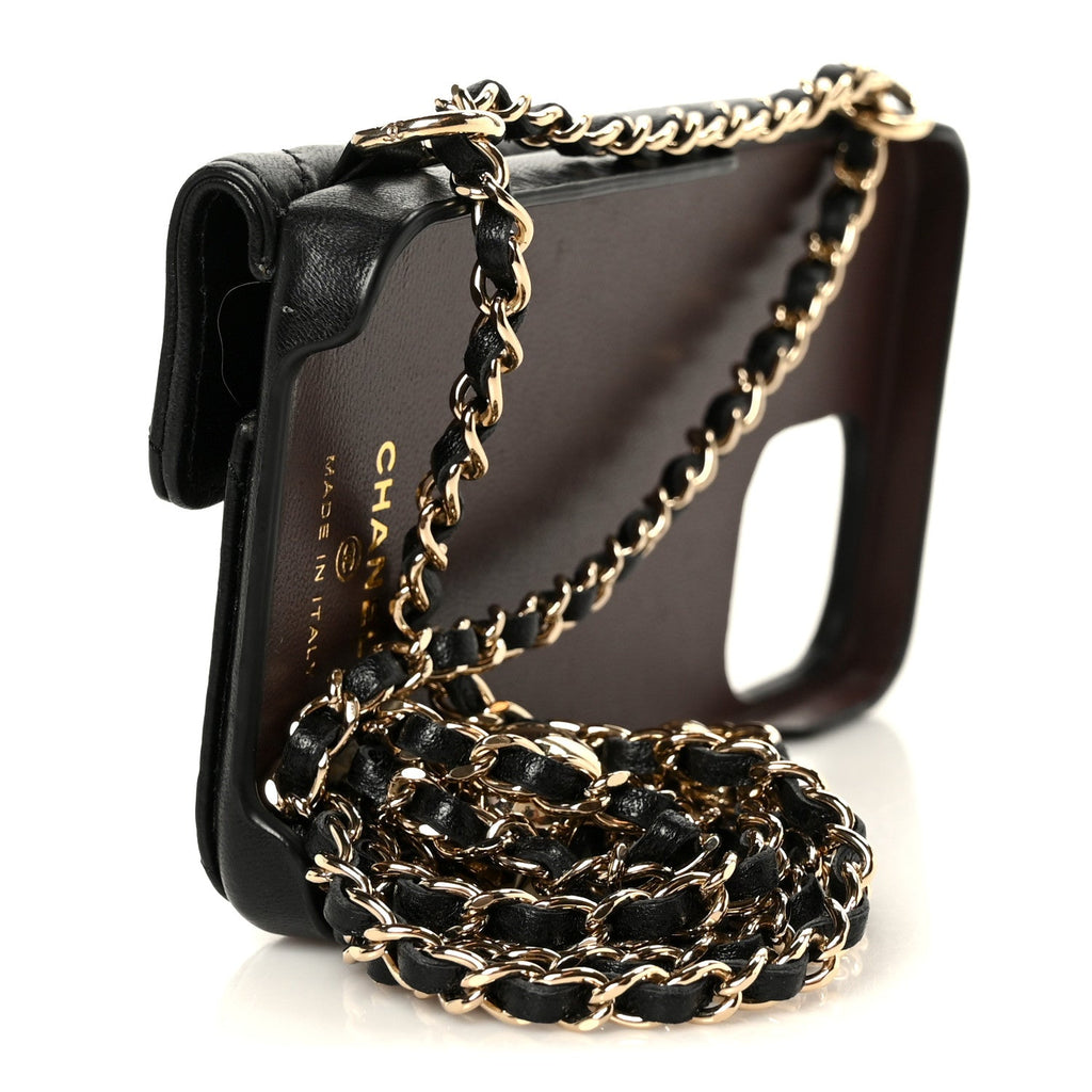 Lambskin Quilted Pearl Crush iPhone XII Pro Holder With Chain Black