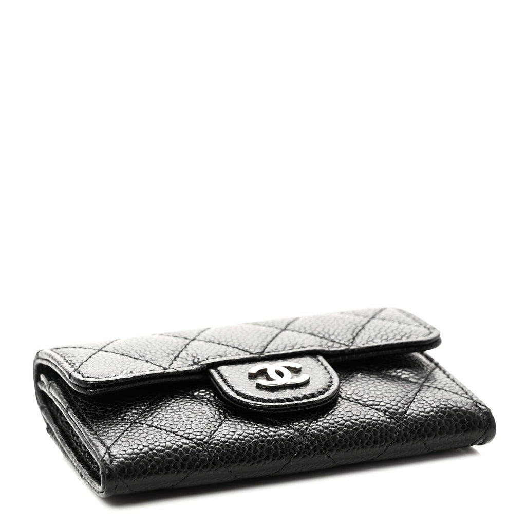 Caviar Quilted Flap Card Holder Wallet Black
