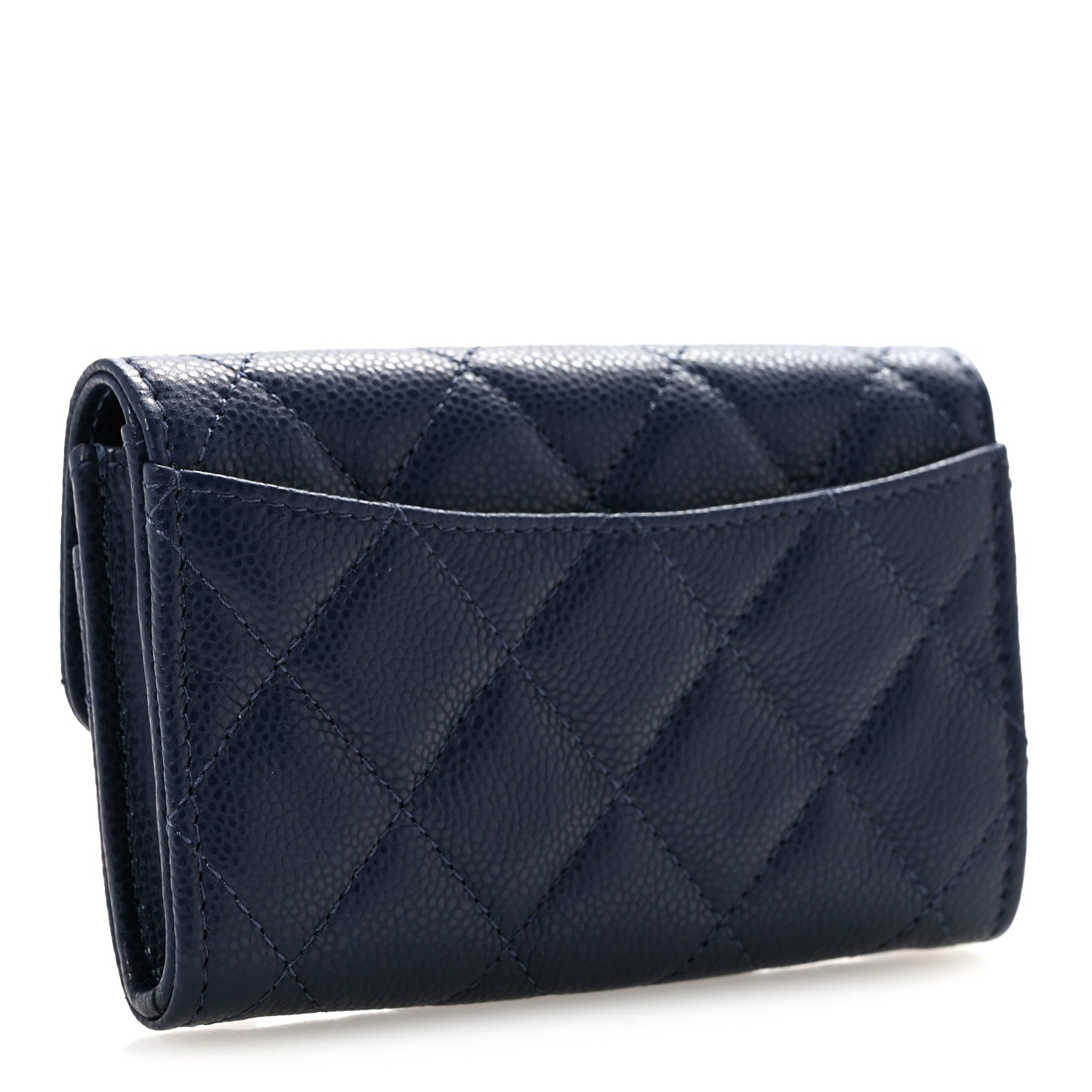 Caviar Quilted Flap Card Holder Wallet Navy Blue