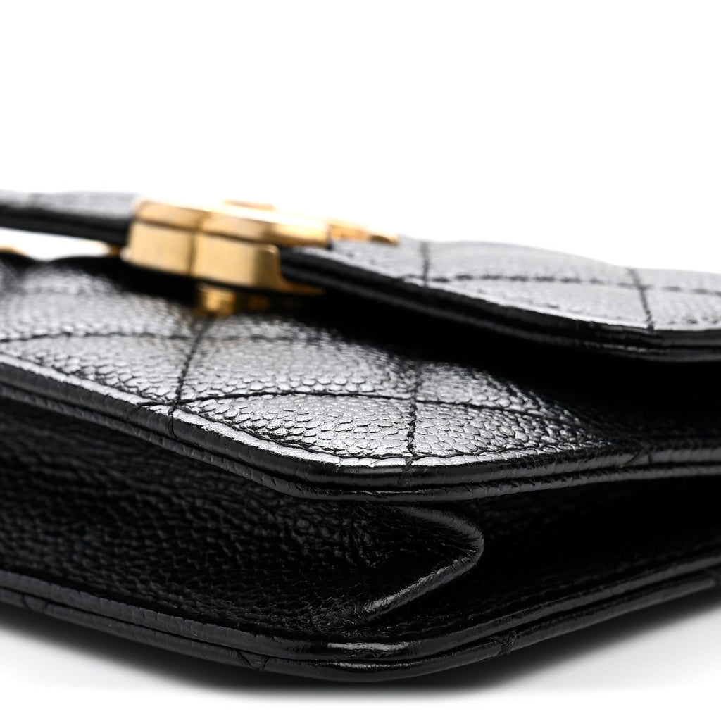 Shiny Caviar Quilted Chain Melody Card Holder On Chain Black