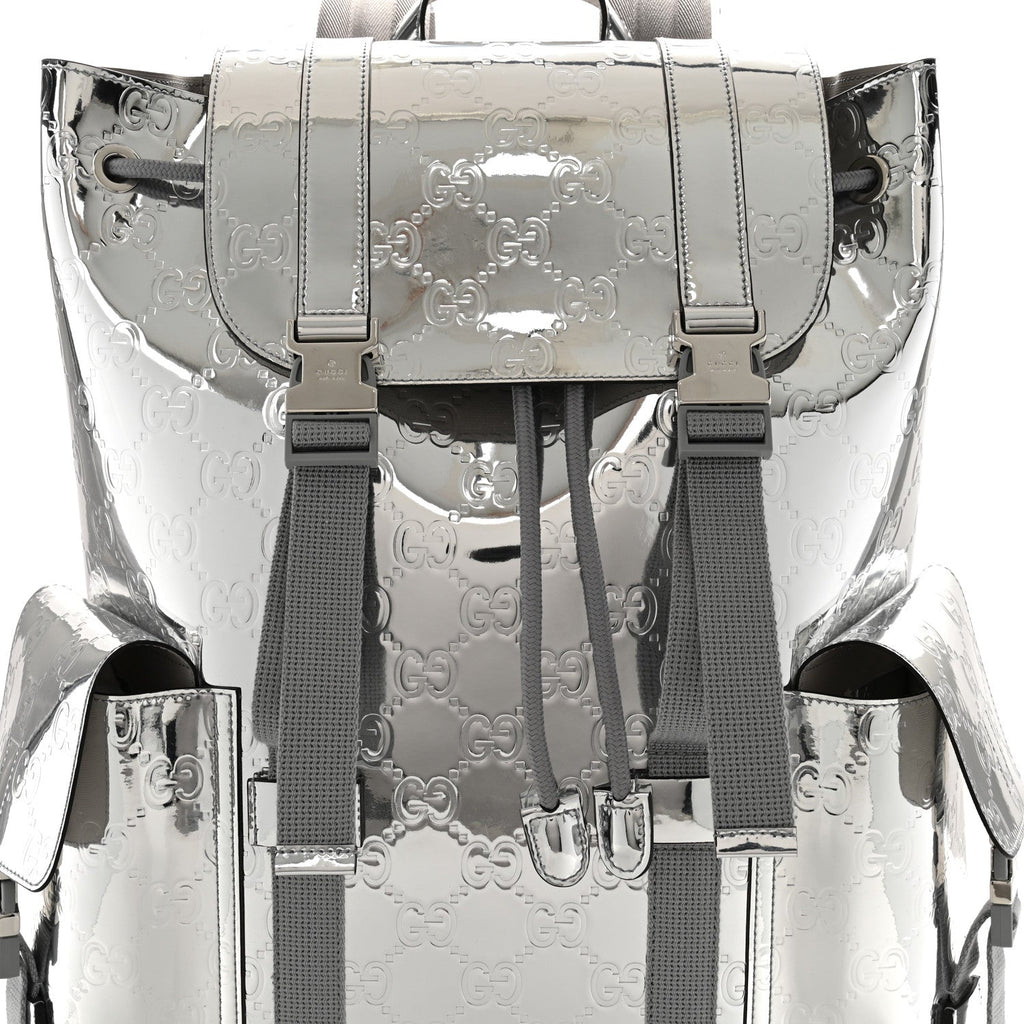 Mirror Effect GG Monogram Appia Calfskin Web Double Buckle Backpack Silver