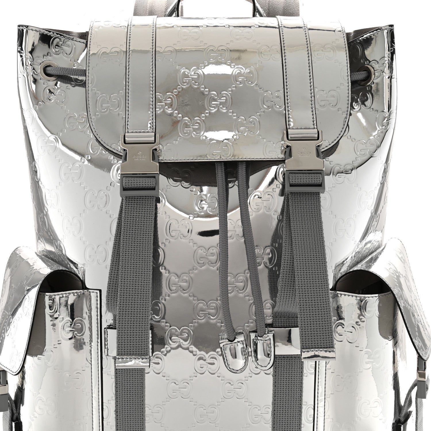 Mirror Effect GG Monogram Appia Calfskin Web Double Buckle Backpack Silver