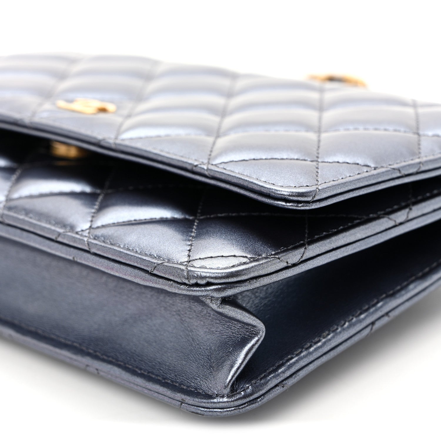 Metallic Calfskin Quilted Wallet On Chain WOC Navy Blue