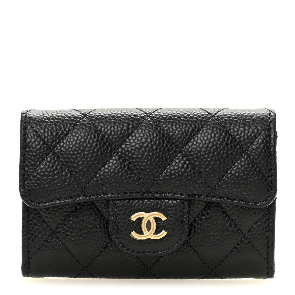 Caviar Quilted Flap Card Holder Wallet Black