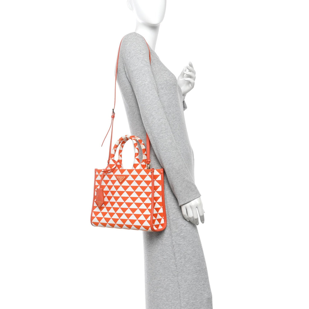 Jacquard Saffiano Triangolo Symbole Embroidered Small Tote Arancio White