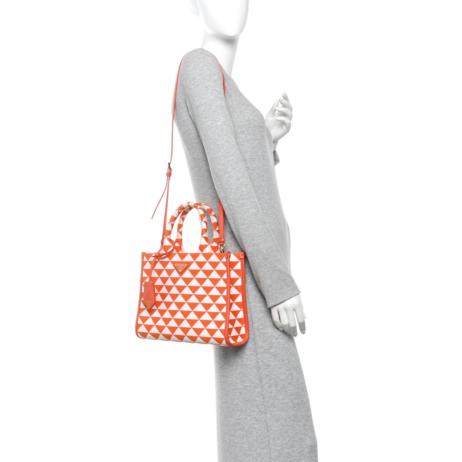 Jacquard Saffiano Triangolo Symbole Embroidered Small Tote Arancio White
