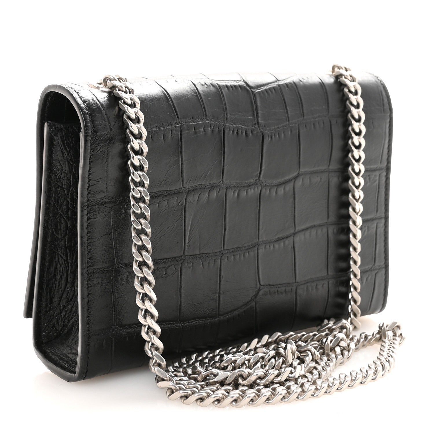 Calfskin Crocodile Embossed Small Classic Monogram Kate Tassel Satchel Black