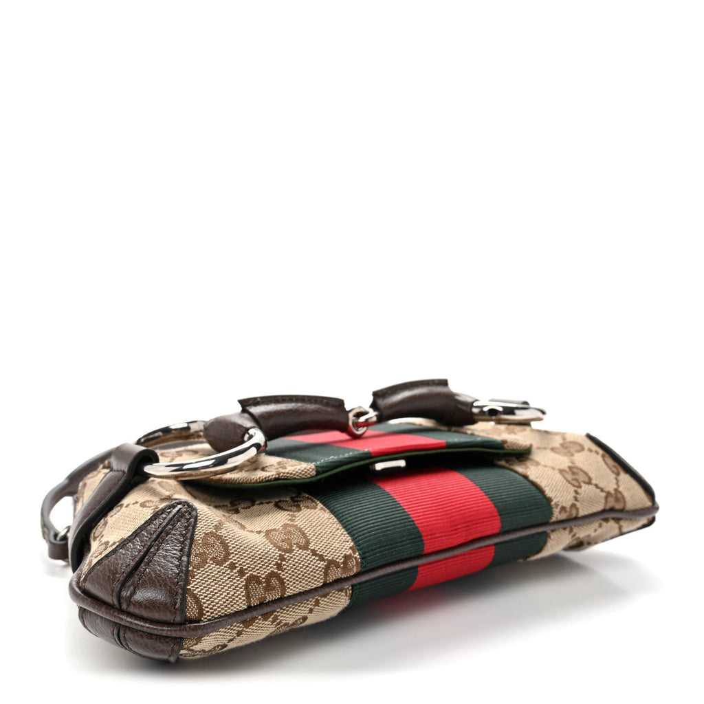 Monogram Textured Dollar Calfskin Heavy Grosgrain Web Small Maxi Horsebit Chain Shoulder Bag Beige Ebony New Acero