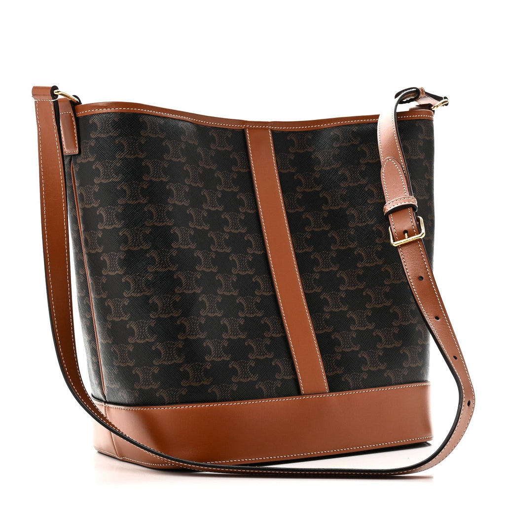 Triomphe Canvas Calfskin Medium Bucket Bag Tan