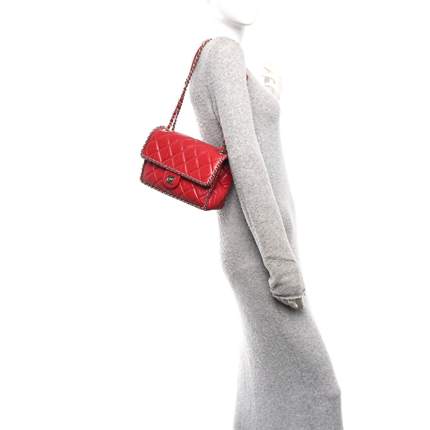 Crumpled Calfskin Medium Chain All Over Flap Red
