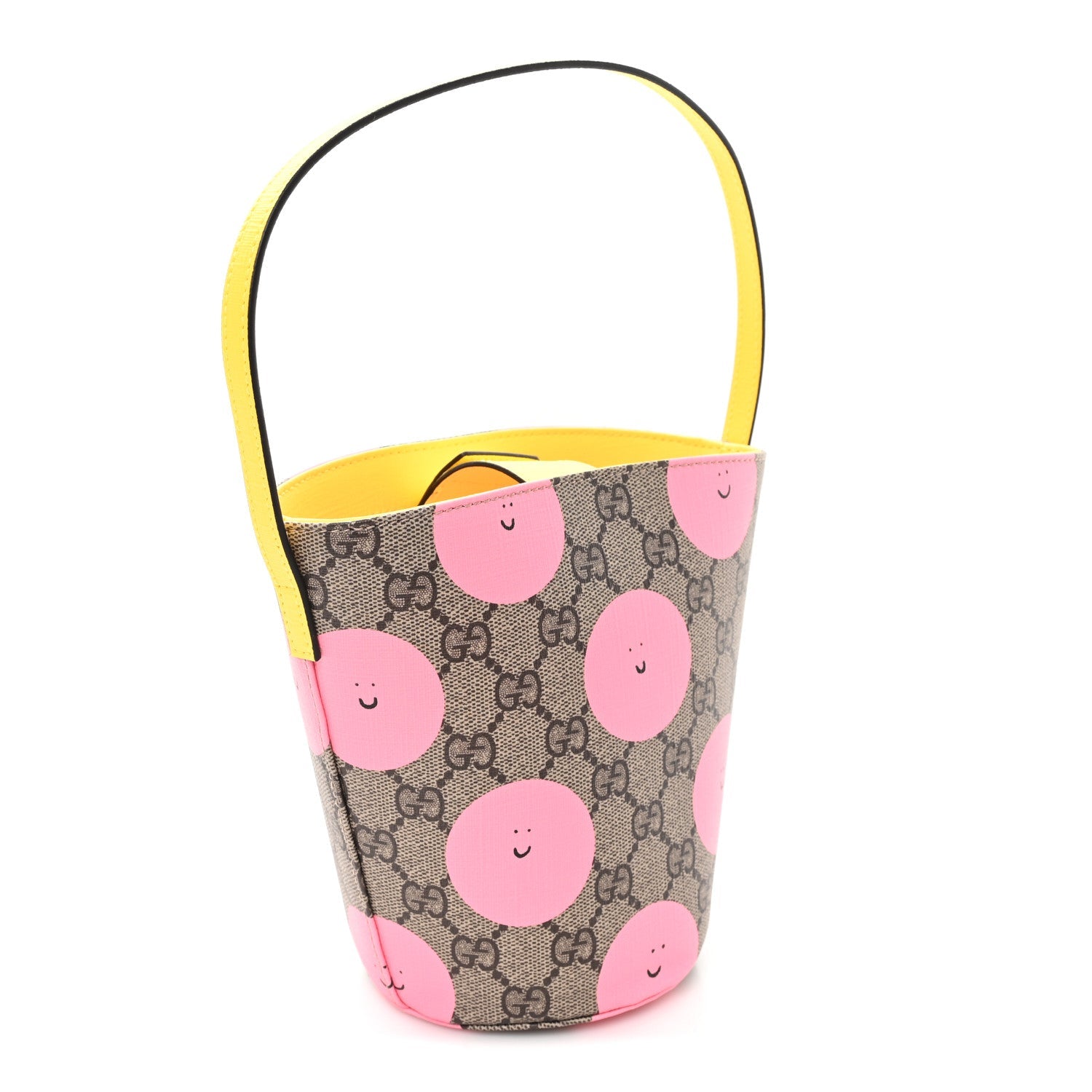 GG Supreme Monogram Childrens Printed Smile Bucket Bag Beige Dark Brown Yellow Pink