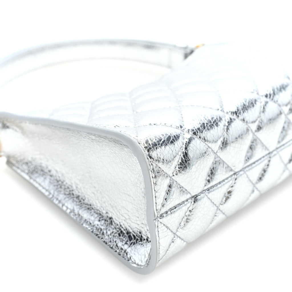 Metallic Aged Calfskin Quilted Hobo Bag Silver
