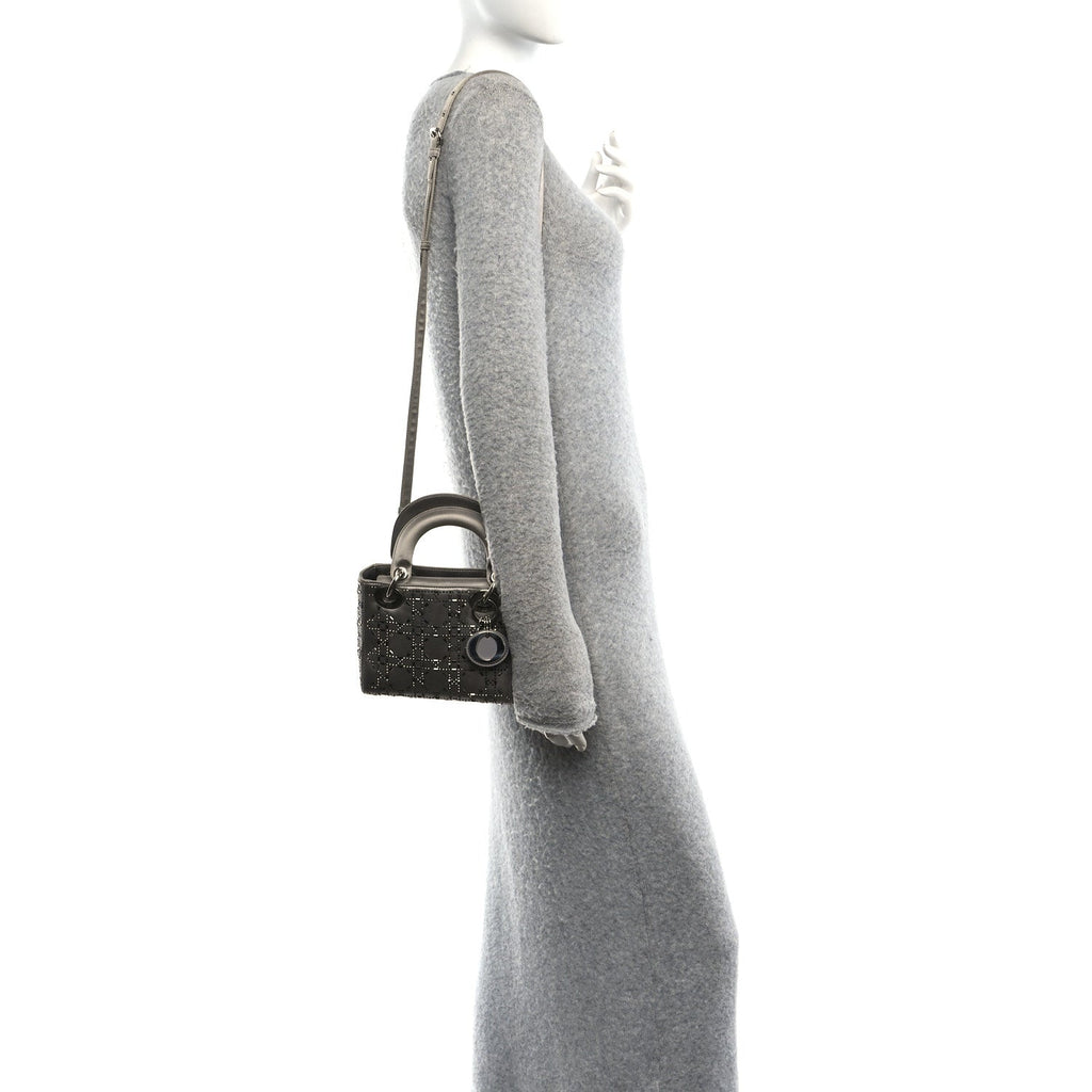 Satin Crystal Cannage Mini Lady Dior Gray