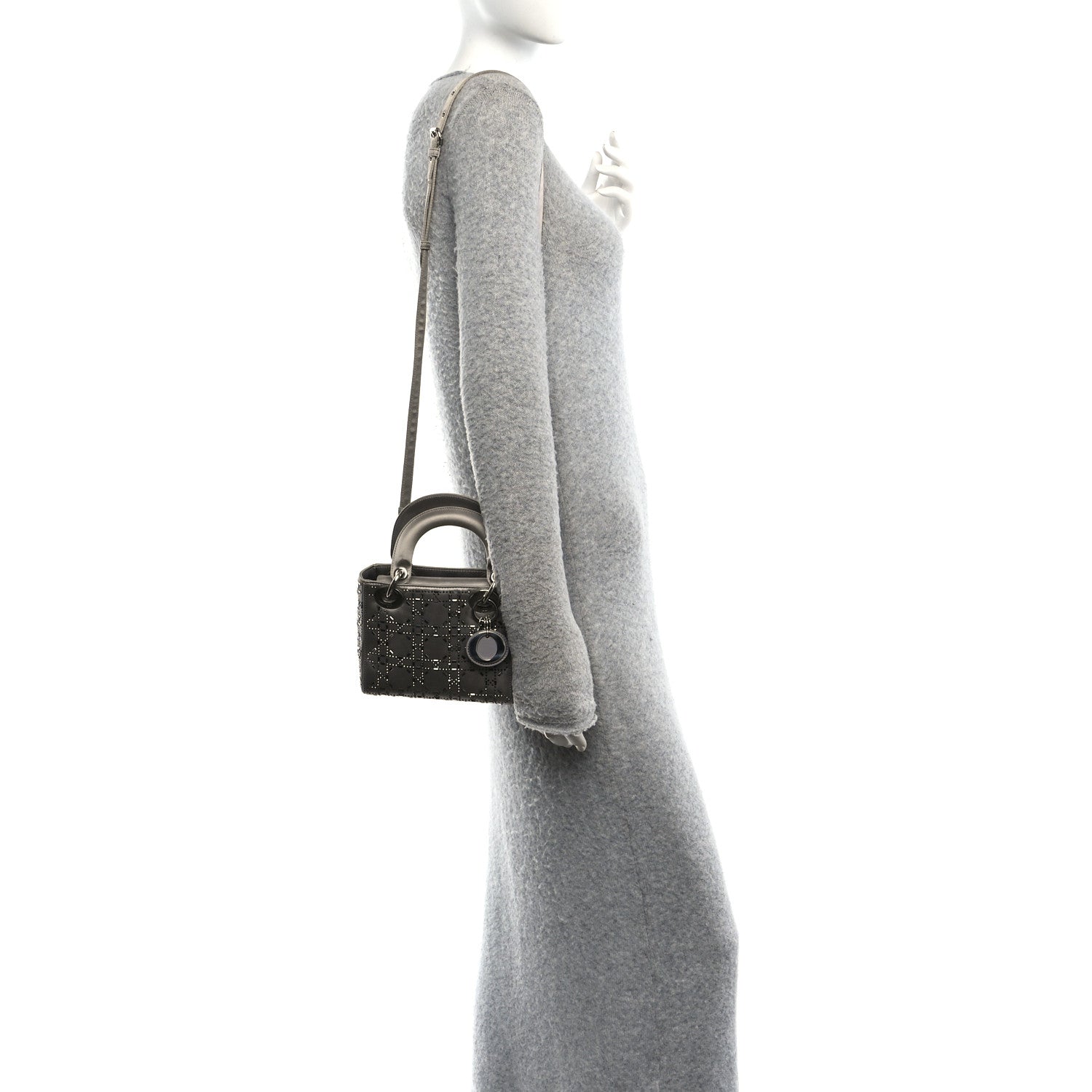 Satin Crystal Cannage Mini Lady Dior Gray