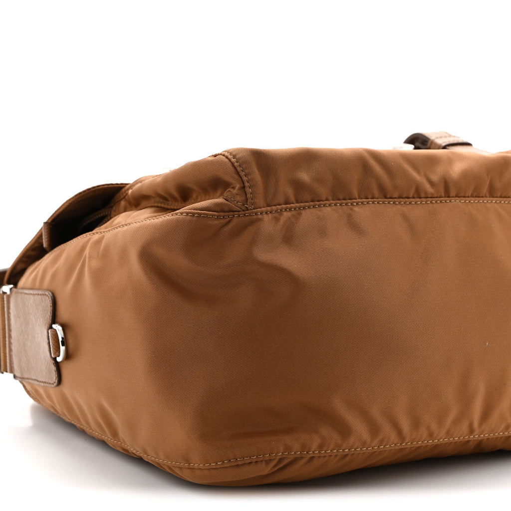 Re-Nylon Vela Saffiano Pocket Double Buckle Messenger Shoulder Bag Brandy