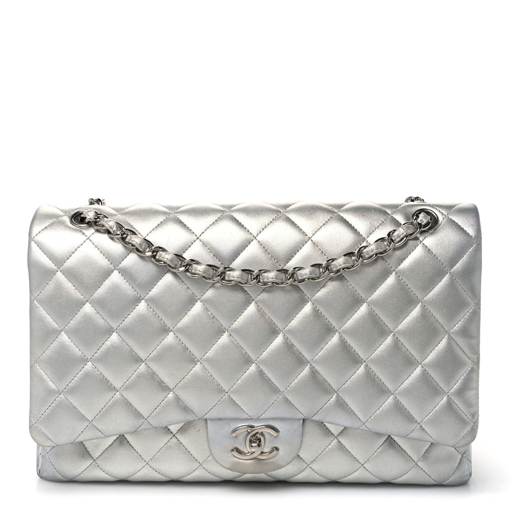 Metallic Lambskin Quilted Jumbo Single Flap Silver