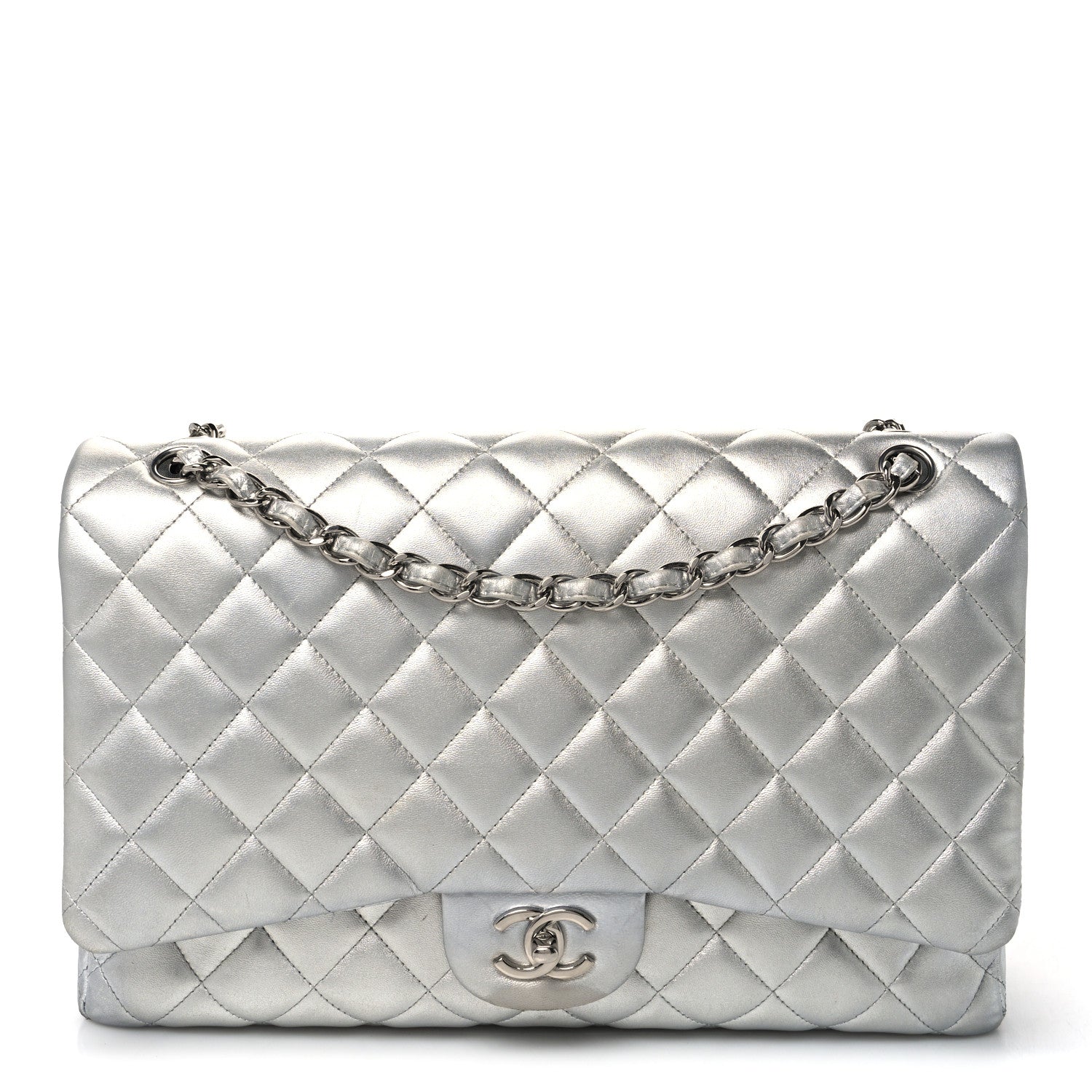 Metallic Lambskin Quilted Jumbo Single Flap Silver