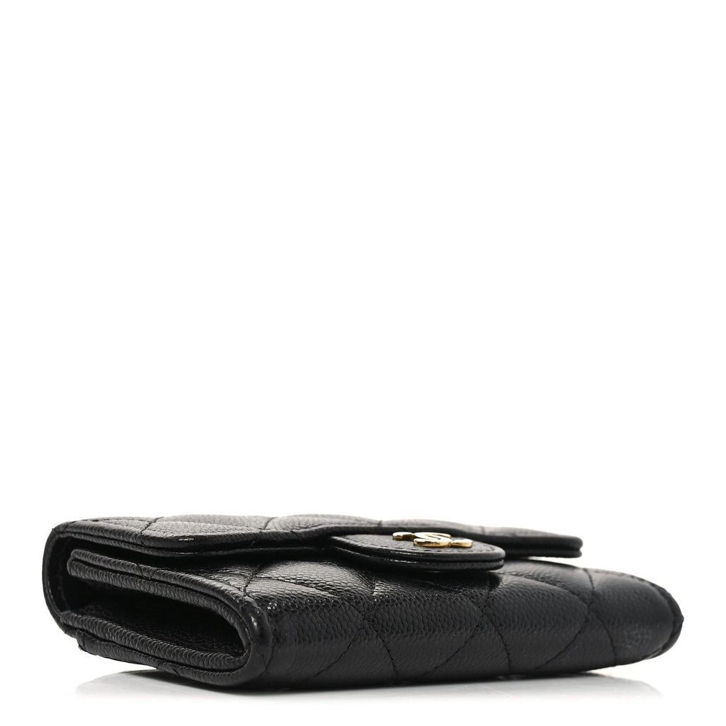 Caviar Quilted Flap Card Holder Wallet Black