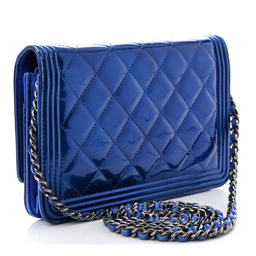 Metallic Patent Calfskin Quilted Boy Wallet on Chain WOC Blue