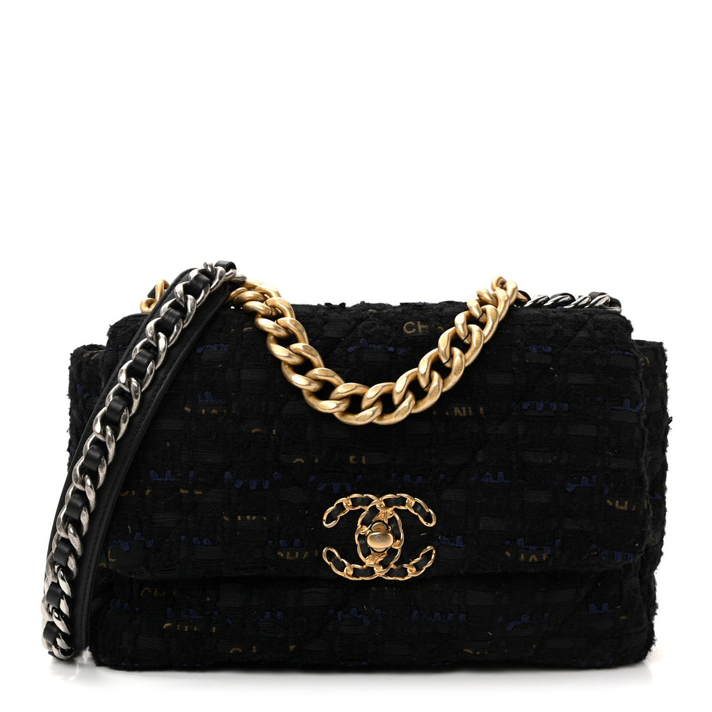 Tweed Quilted Medium Chanel 19 Flap Navy Blue Black